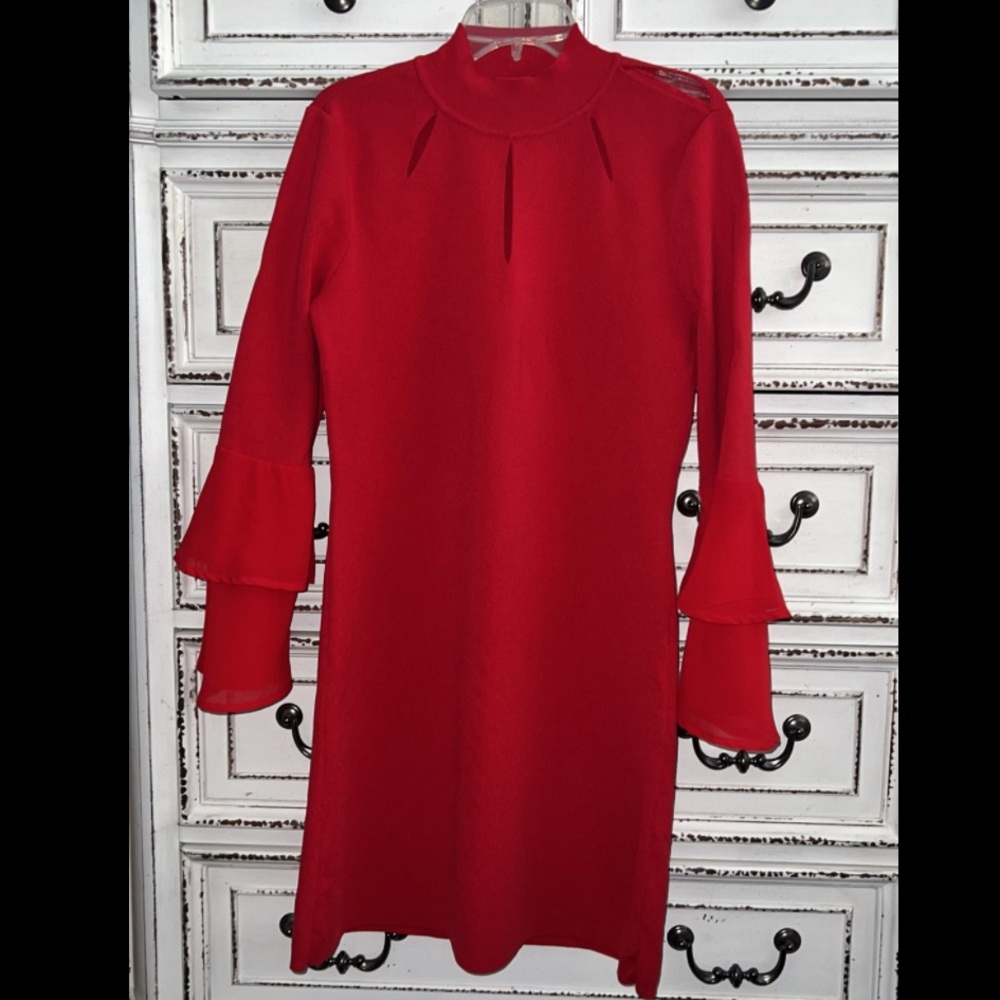 INC International Concepts red knit mini body con bell sleeves Petite Large